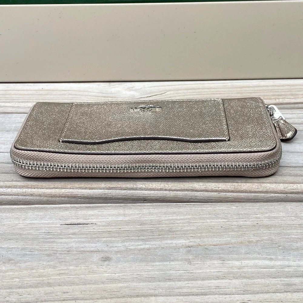 Coach Zip-Around Long Wallet F21068 Metallic Platinum Crossgrain Leather